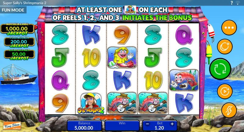 Super Sally's Shrimpmania 2 - an active session with a Sticky Wild on the reel and a random multiplier